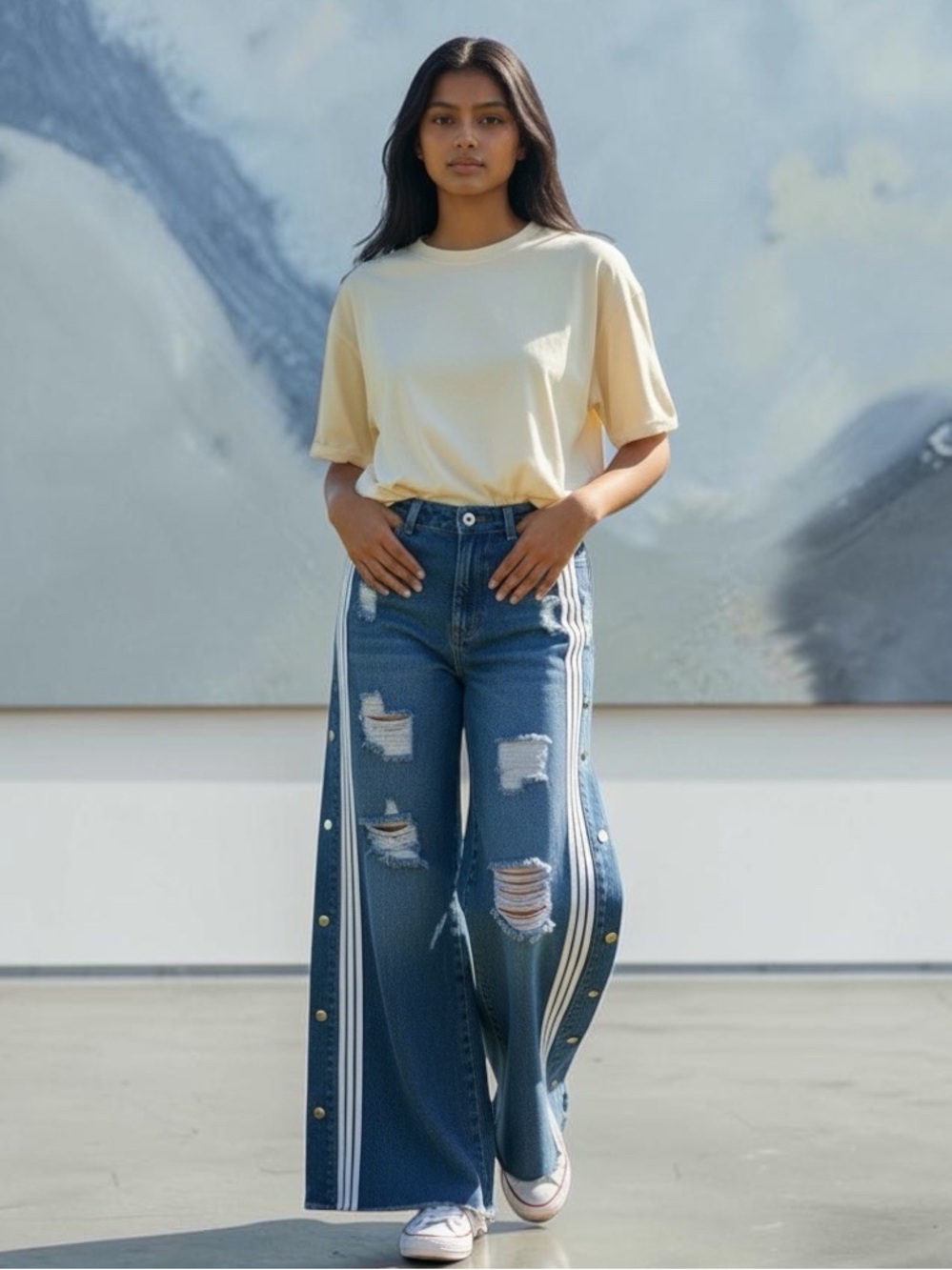 90's Y2K Extra Wide Flare High Rise Distressed Side Snap Stripe Jeans Waist 29”